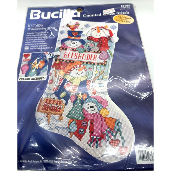 Bucilla Counted Cross Stitch LET IT SNOW 18" Stocking Kit Snowman Christmas New - Picture 1 of 2